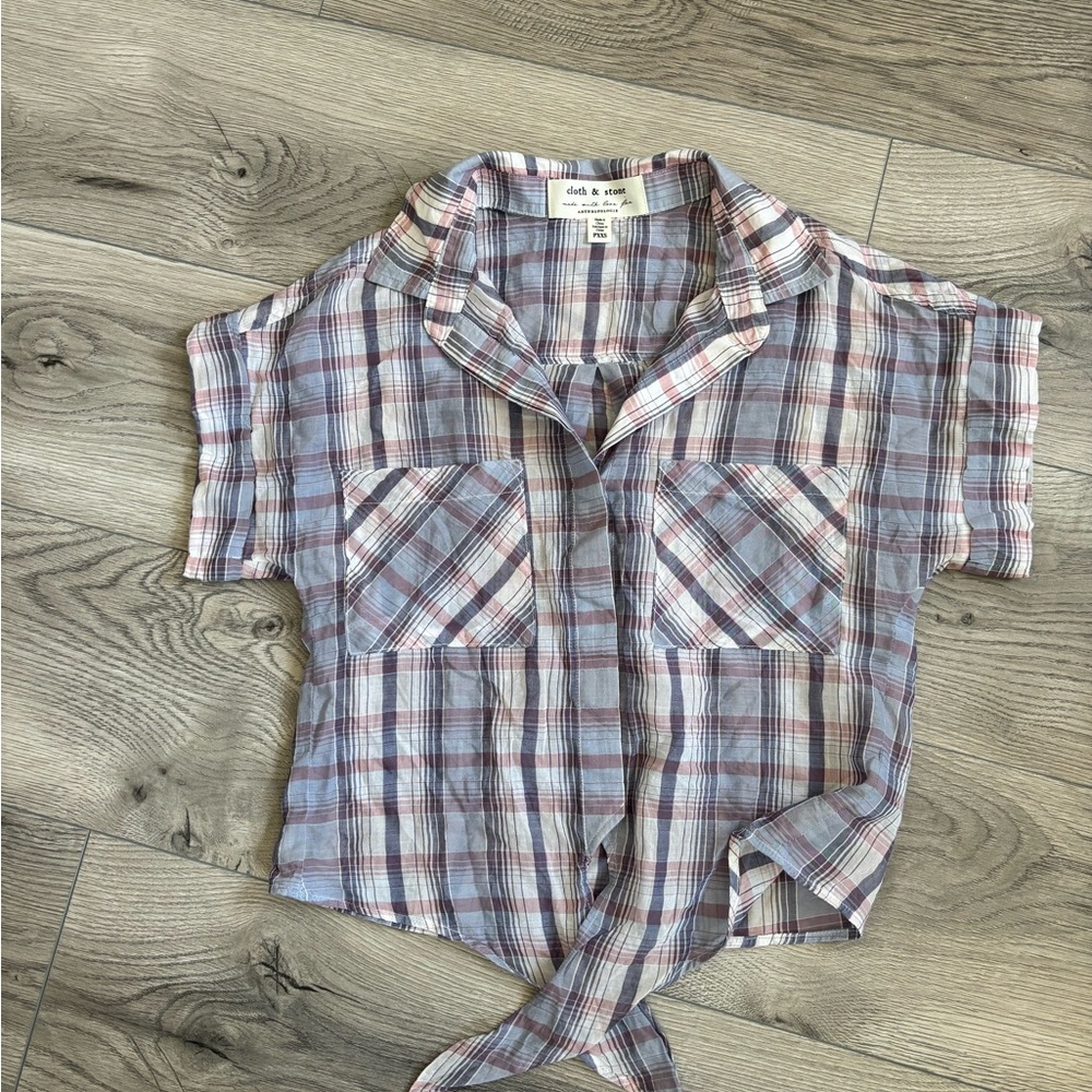 Anthropologie Cloth & Stone Plaid Tie Front Crop Button Shirt Women’s Size XXS